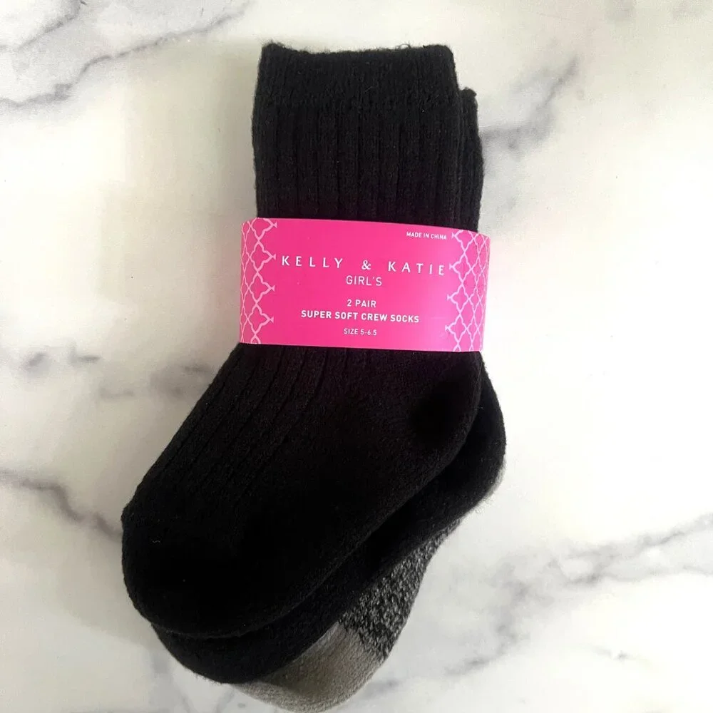 NWT Katie & Kelly Girls' 2 Pair Super Soft Crew Socks, Black/Gray, Size XS
